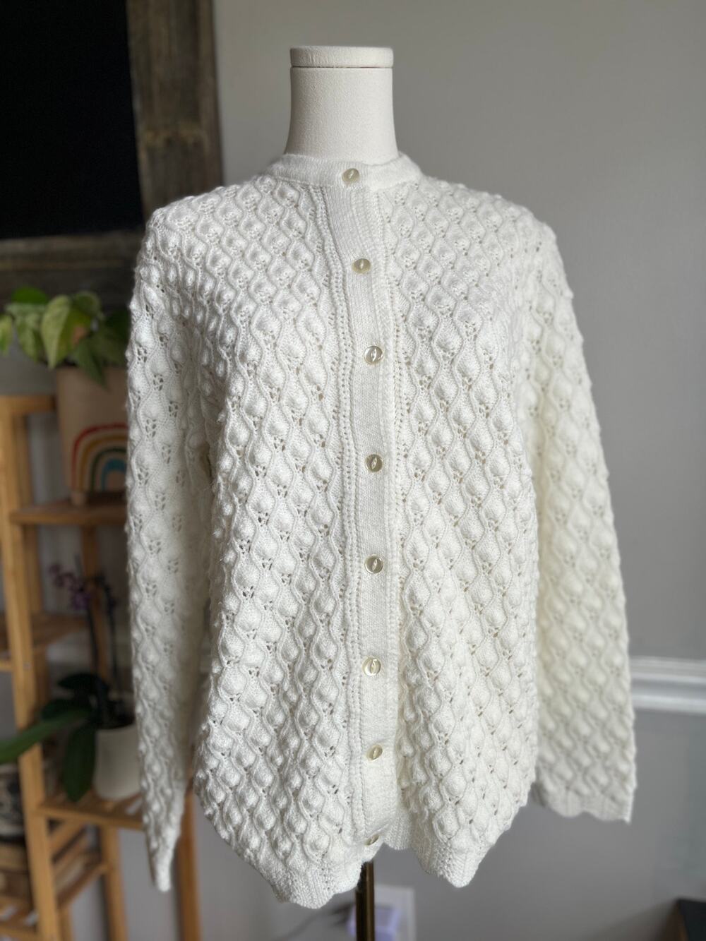 Vintage 80s Cardigan Sweater Creamy White Knit Textured Size Medium